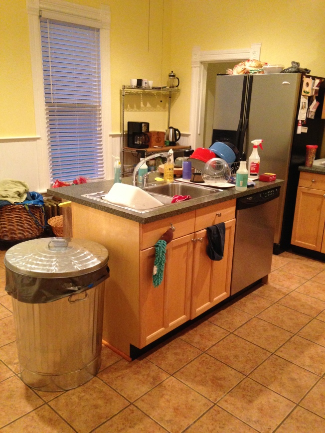 My messy kitchen. I love the island center for washing dishes and the sink there. I don't love that it's so close to the fridge that folks use it as a place to set things from the fridge as they are getting food out. 